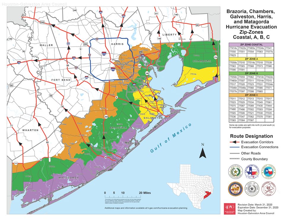 Evacuation Zones for Brazoria, Chambers, Galveston, Harris, and Matagorda counties